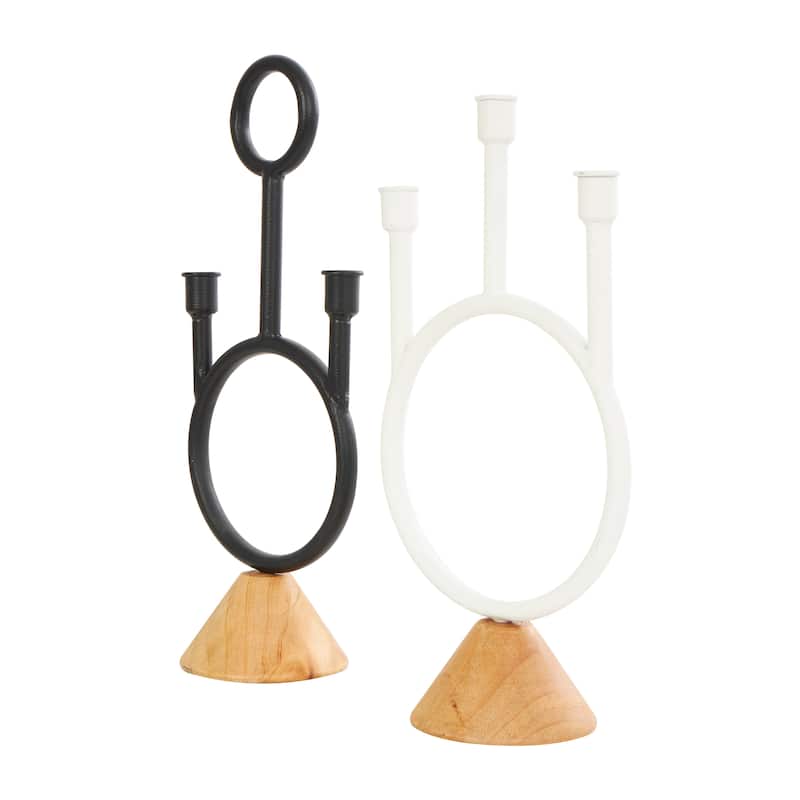 Metal Abstract Circular Ring Candle Holder with Wooden Cone Bases - Set of 2 Black - Roche River Decor - 5"W x 7"L x 15"H