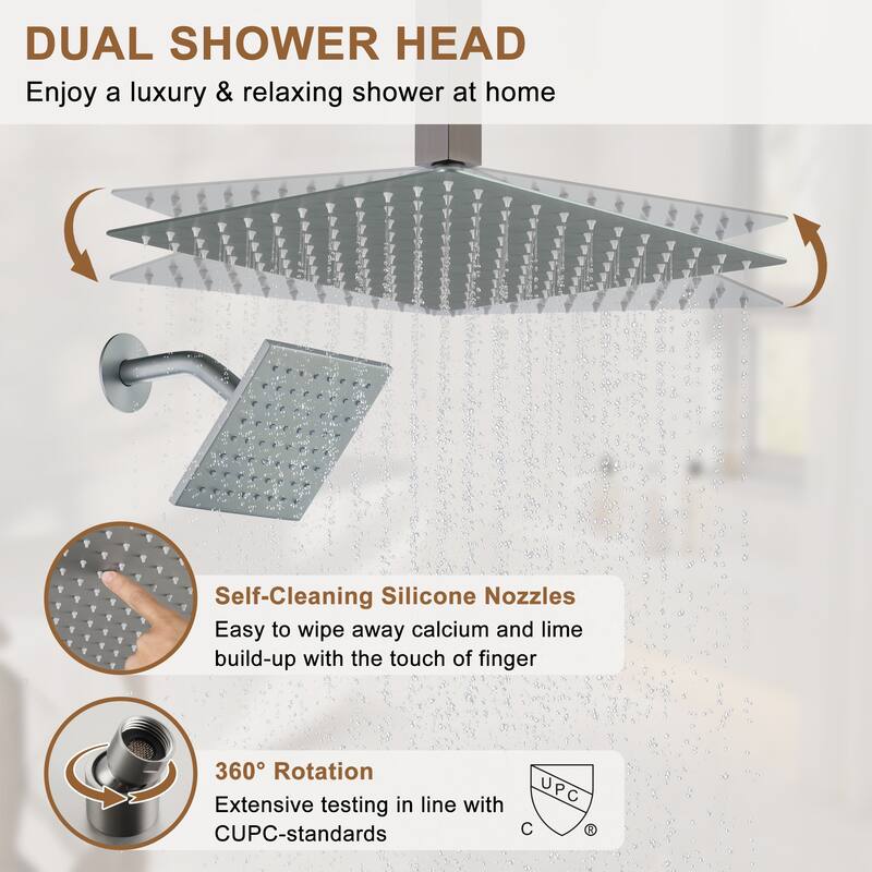 CASAINC Dual Heads 12 Inch Ceiling Mounted Square Shower Head Shower System with Handheld Shower Digital Display Shower