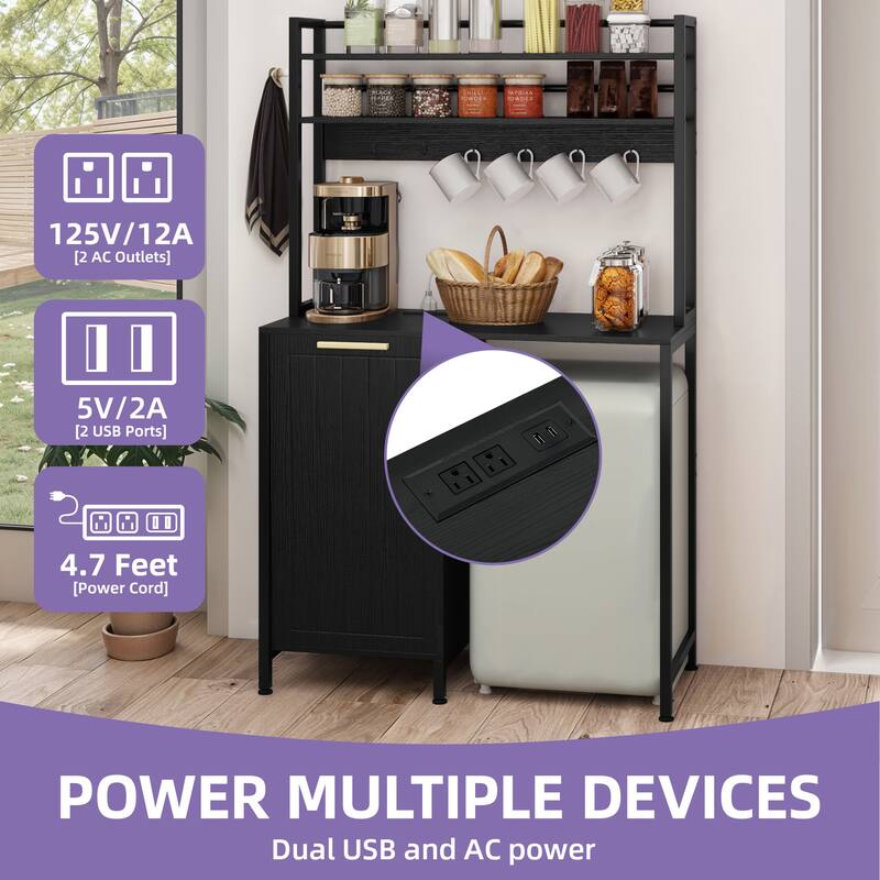 Kitchen Baker's Rack with Mini Fridge Space Trash Can Cabinet and Charger Station for Dorm or Small Space Organization