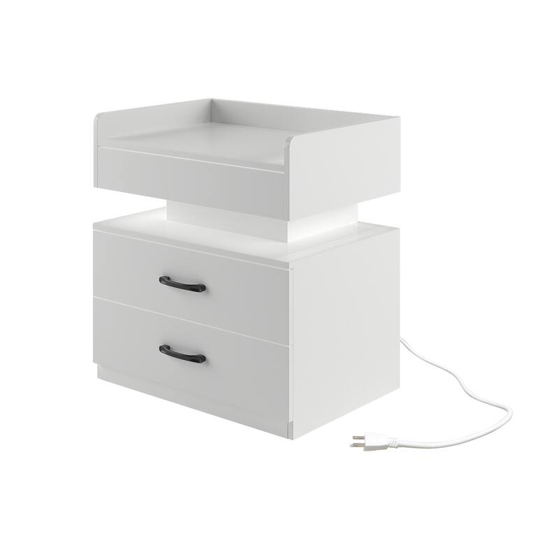 1 Set Nightstand with Adjustable LED Strip Light, 2-Drawers, Large Storage Space