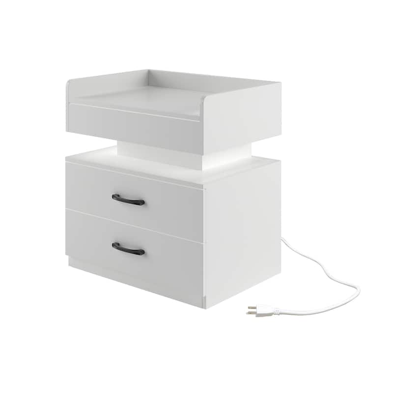 Anmytek Modern White Nightstand with Charging Station LED Lights and 2 Drawers Waterproof Bedside Table