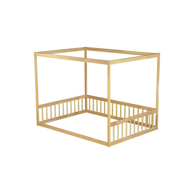 Full Size Canopy Frame Rubber Wood Floor Bed with Fence,Guardrails,Natural