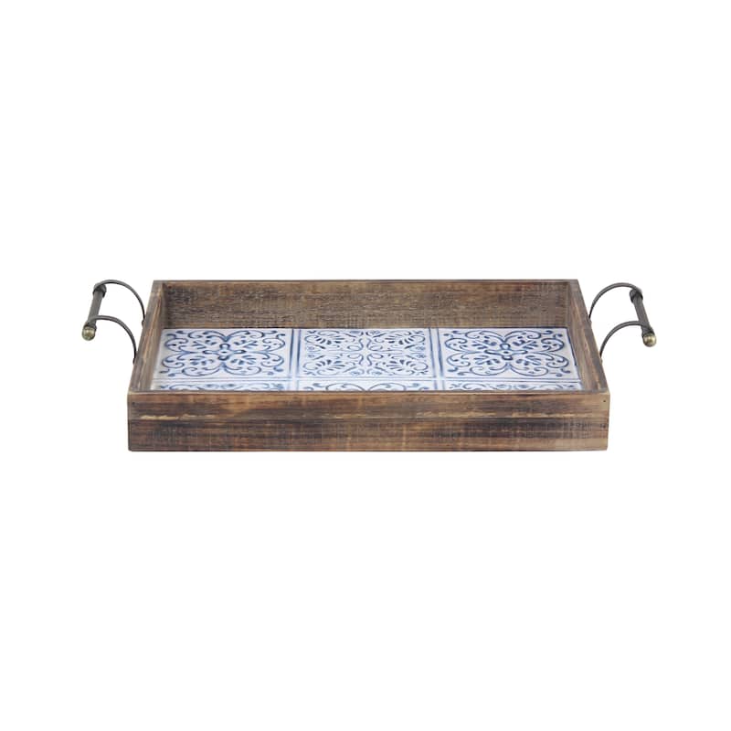 Brown Wood Living Room Decor Tray with Tile Patterns (Set of 2) - 23 x 13 x 4