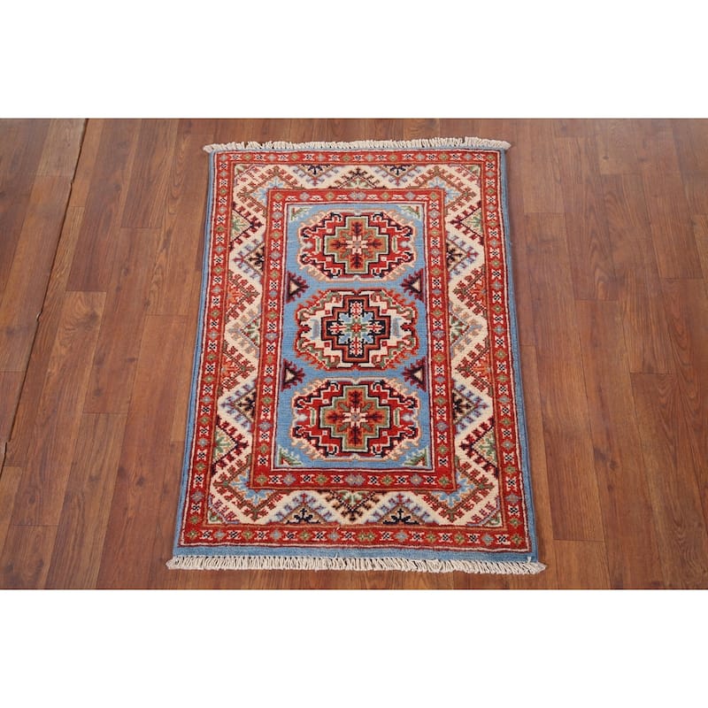 Traditional Kazak Foyer Rug Hand-Knotted Blue Wool Carpet - 2'0" x 2'9"