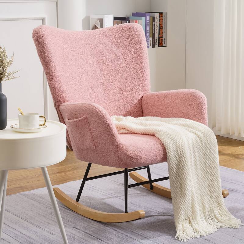 Javlergo Teddy Fabric Rocking Chair, Upholstered Nursery Glider Rocker with High Backrest & Side Pocket - Pink