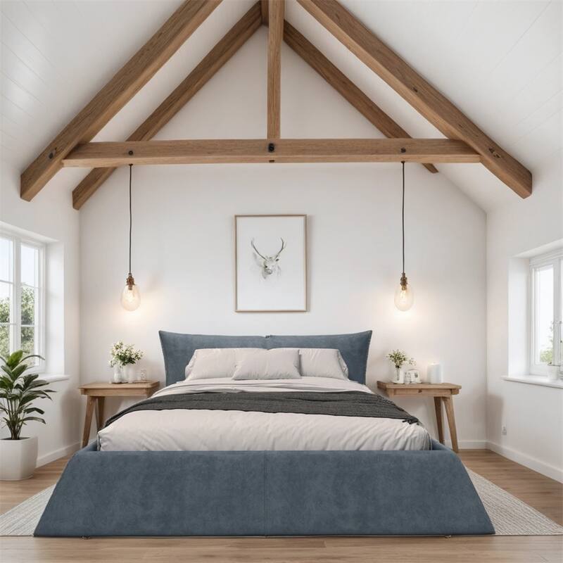 King Size Upholstered Platform Bed with Velvet Headboard & Wood Frame