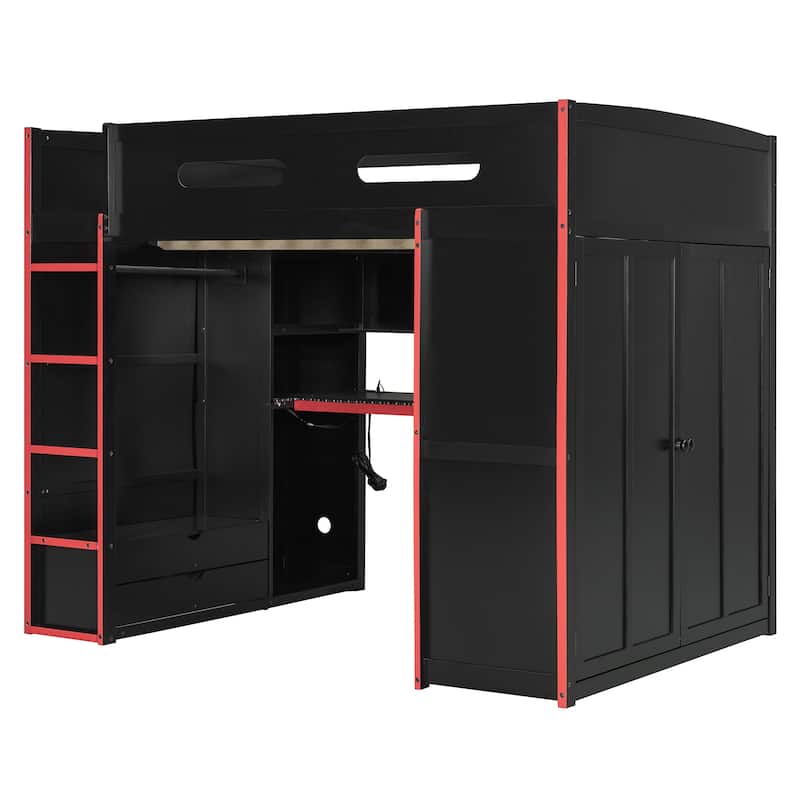 Full Size Wood Loft Bed with Desk & Wardrobe - Ample Storage and RGB Light