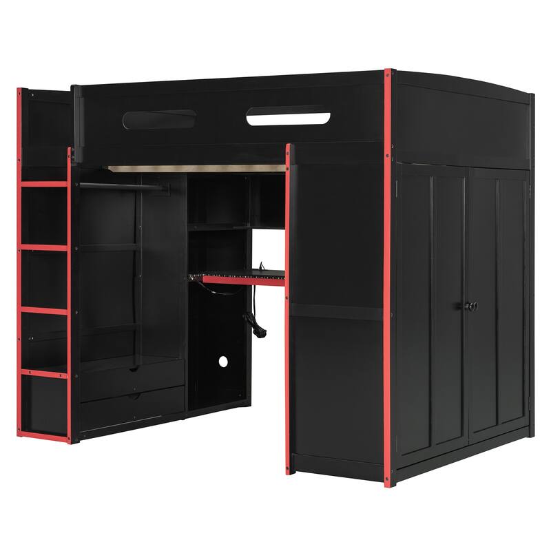 Roomfitters Full Size Loft Bed with Desk, Wardrobe, Storage and RGB Lighting