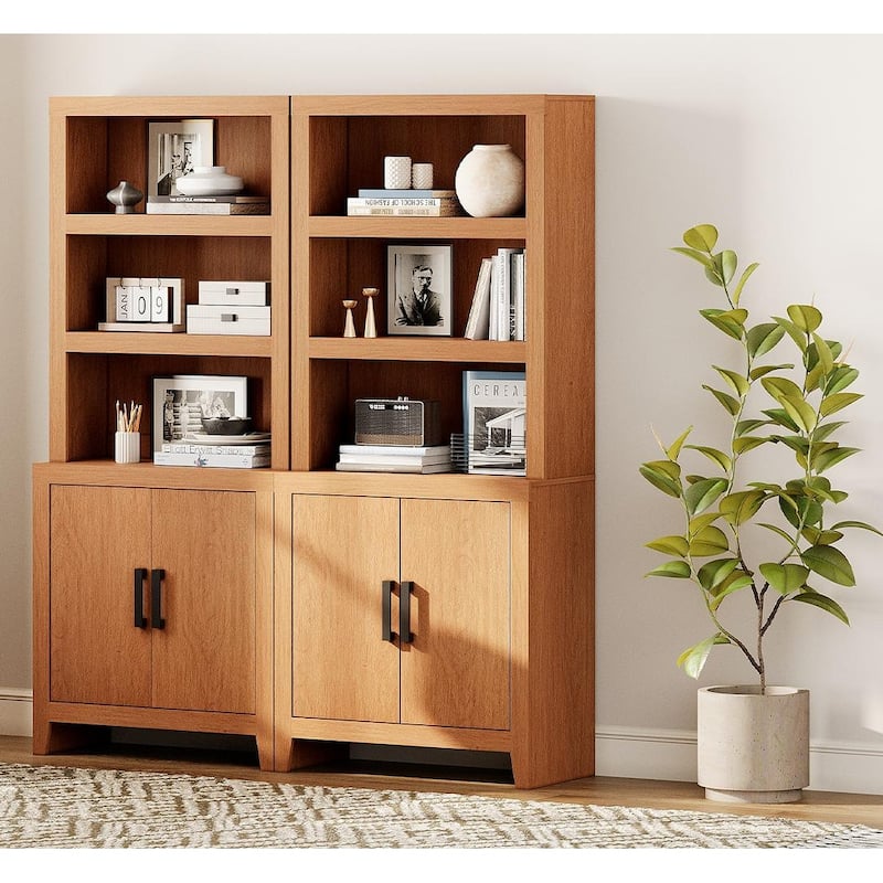 74" Tall Bookshelf with Door, Farmhouse Bookcase with Adjustable Shelf and Storage Cabinet for Living Room, Office - 62" Wide - Mocha