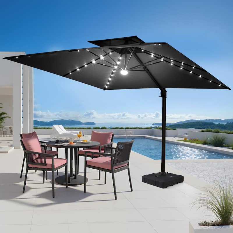 Pellebant 9x11FT Outdoor Dual Top Cantilever Patio Umbrella LED Light with HDPE Base - Black