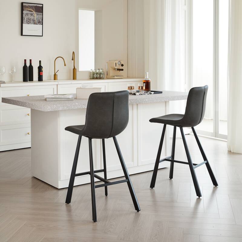 Set of 2 Bar Stool with Ergonomic Curved Backrest - Sturdy Black Metal Frame Counter Height Seating with Footrest