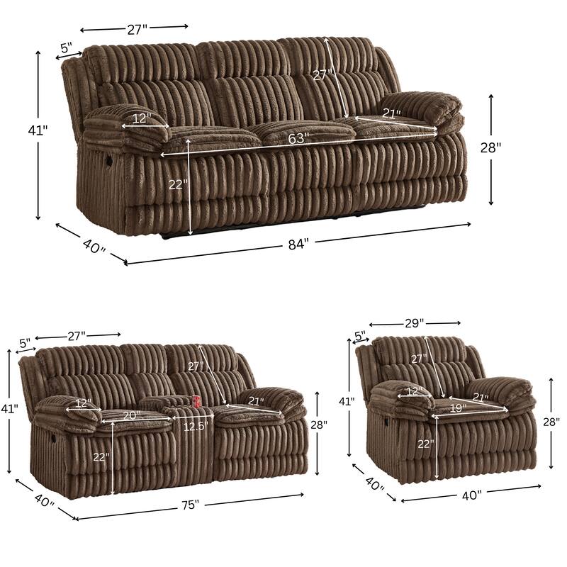 Roundhill Furniture Ardello 3-Piece Reclining Sofa Set, Corduroy Upholstery with Built-In Power Center, Chocolate