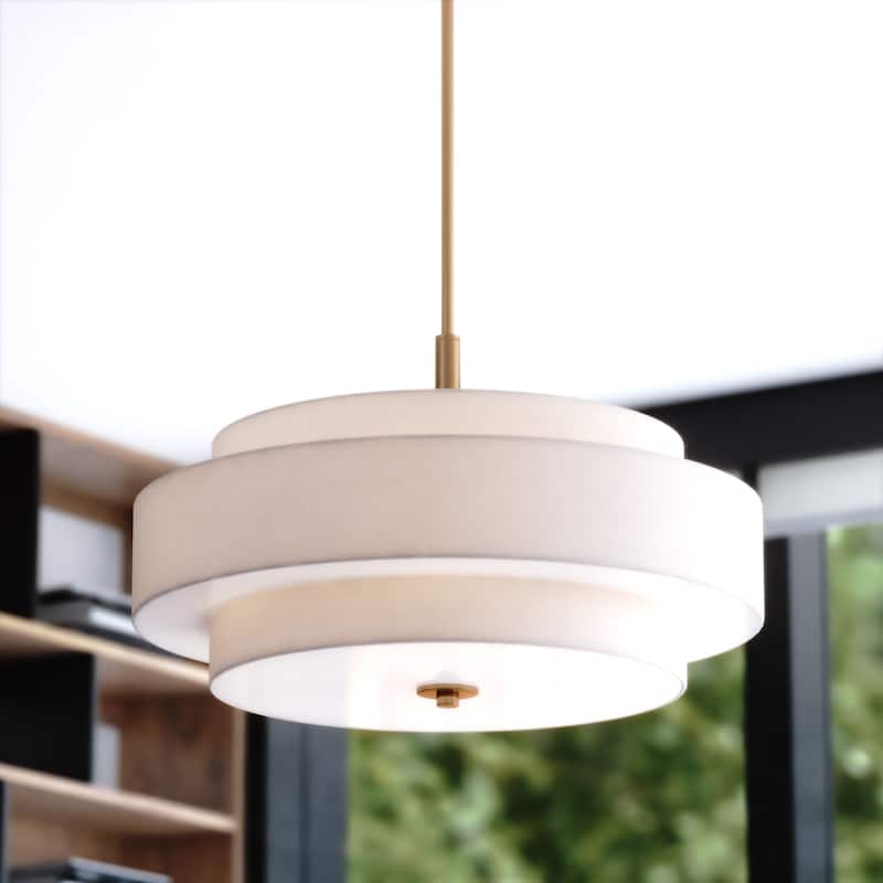 VAXCEL Brentwood Sunset Gold Mid-Century Modern Drum Pendant, White Linen Fabric Shade, Hanging Ceiling Light Fixture - Sunset Gold - 24-in W x 20-in H x 24-in D