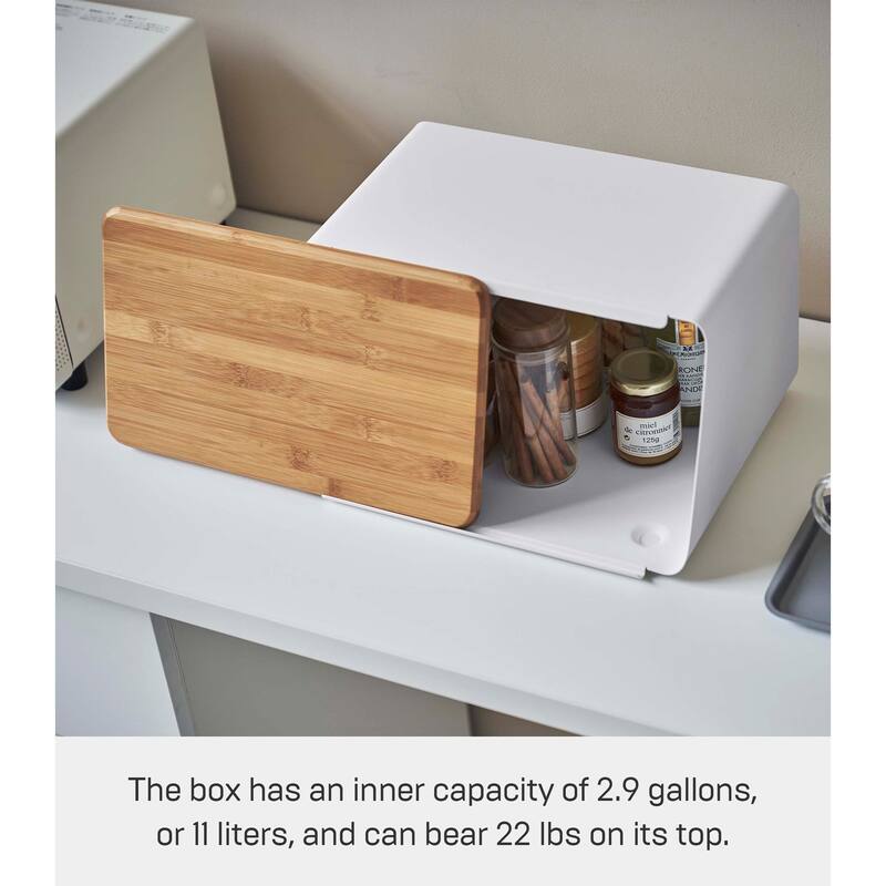 Yamazaki Home Bread Box with Cutting Board Lid, Steel and Wood, Lid - L 9.65 x W 12.4 x H 7.28 inches