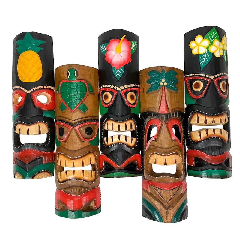 Zeckos Carved Wood Polynesian Tiki Wall Decor Masks 20 Inch (Set Of 5)