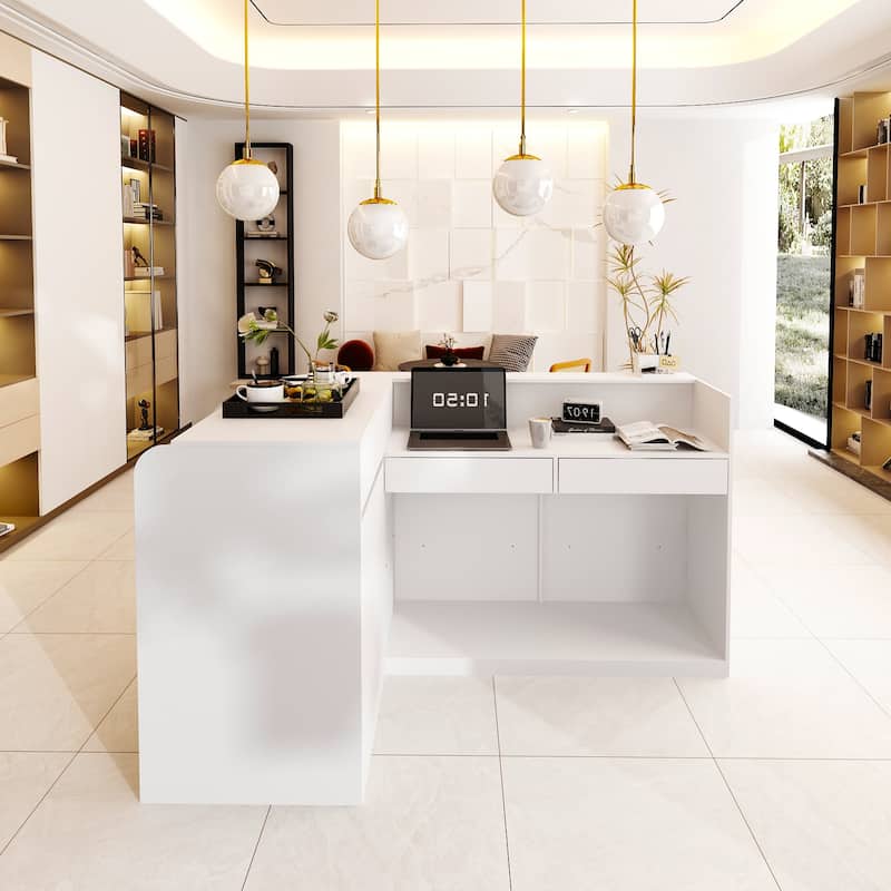 70.9" White Curved Front Desk with Shelving and Storage Reception Desk