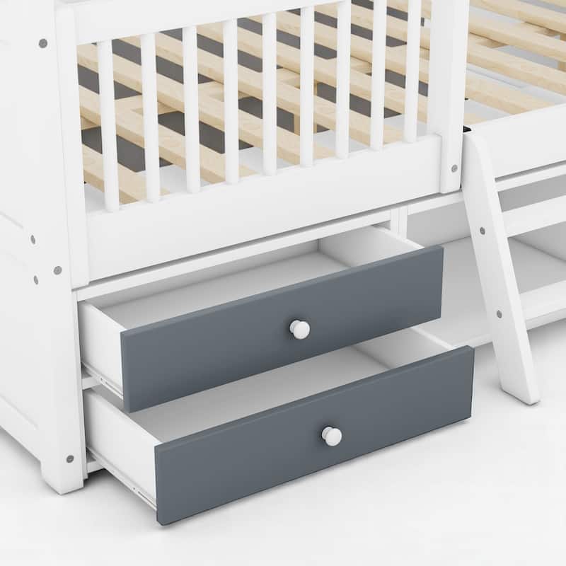 Twin/Full Size Wooden House Bed Frame with Skylight Roof, Drawers, Shelves and Ladder