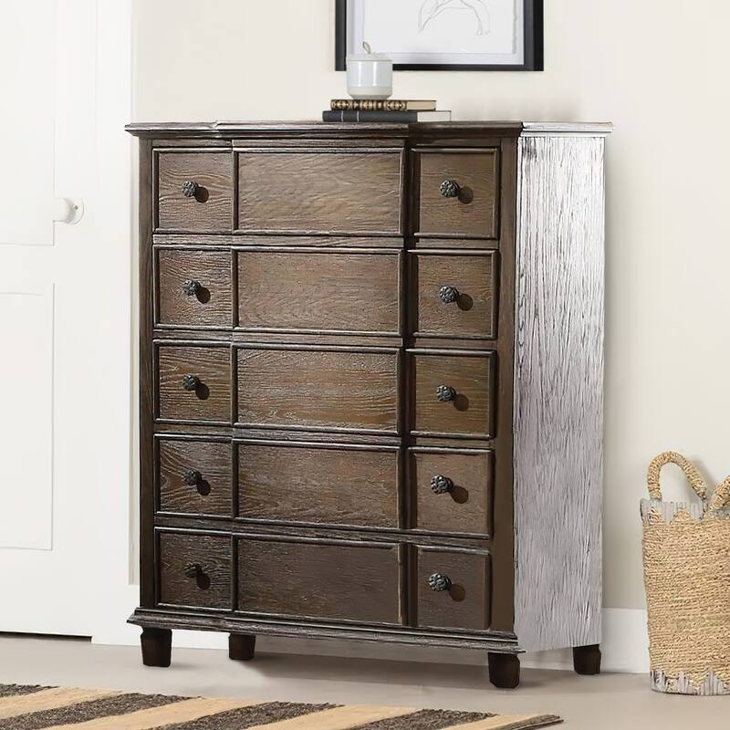 Five Drawer Chest With Round Knobs Side Metal Glide In Weathered Oak Finish