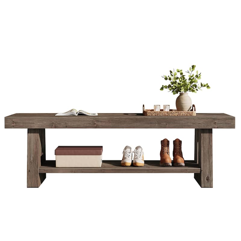 2-Tier Solid Wood Entryway Bench with Shelves, Dining Bed End Accent Seat for Dining Room Living Room Hallway Bedroom