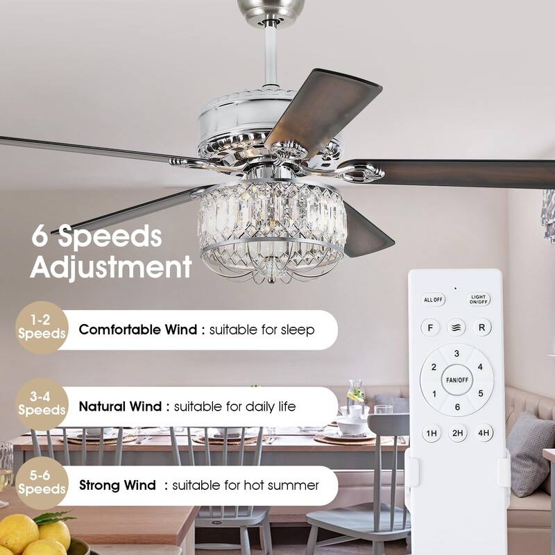 52" Modern Crystal Ceiling Fan Chandelier with Remote,2 Bulbs,Reversible DC Motor,5 Plywood Blades - 52 Inches