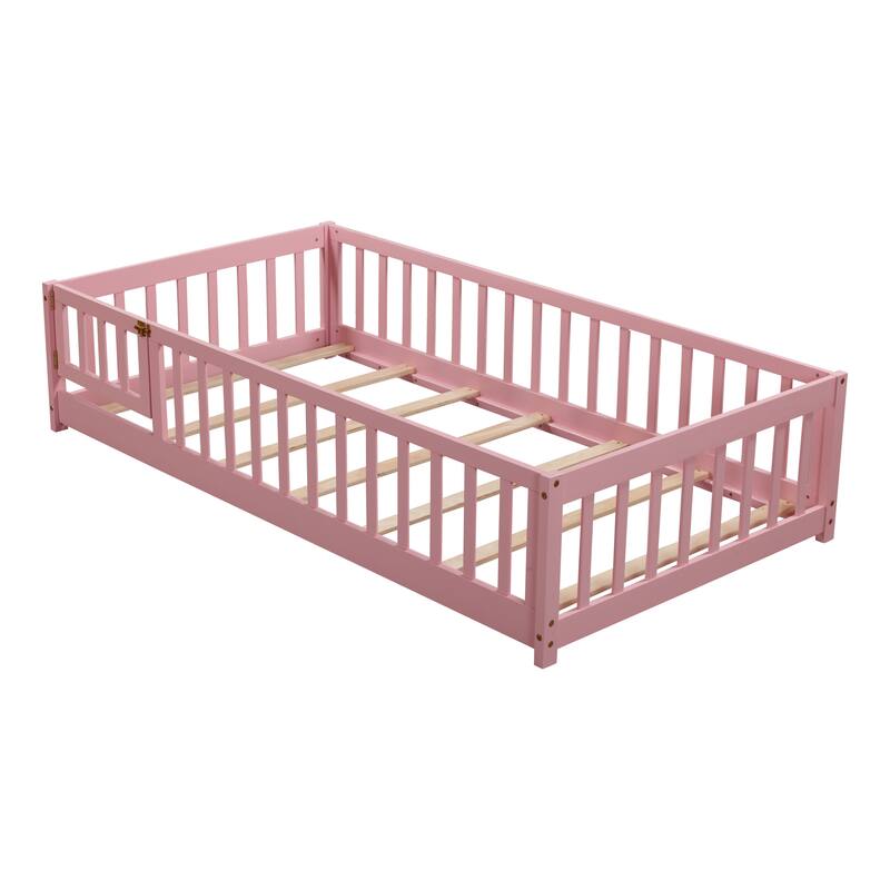 Floor Bed with Fence,Door and Safety Guardrails,Perfect for Kids' Play,Sleep and Development