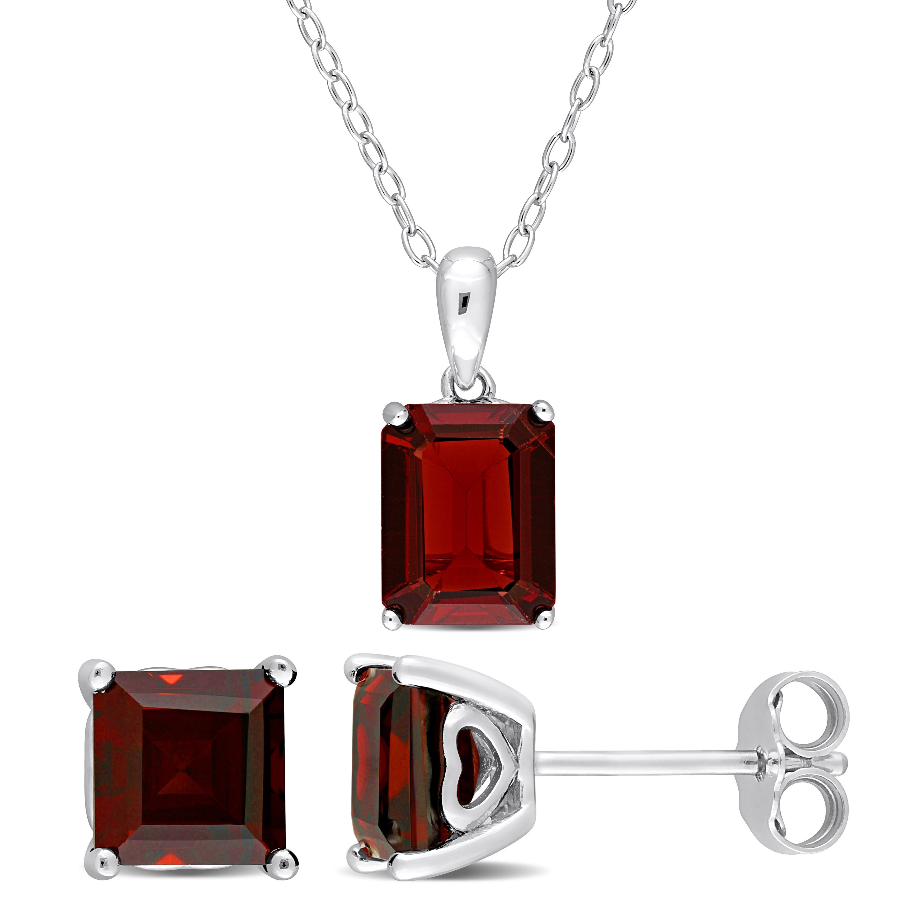 Miadora 7 4/5ct TGW Emerald-Cut & Octagon Garnet Solitaire Necklace & Stud Earrings Set Sterling Silver