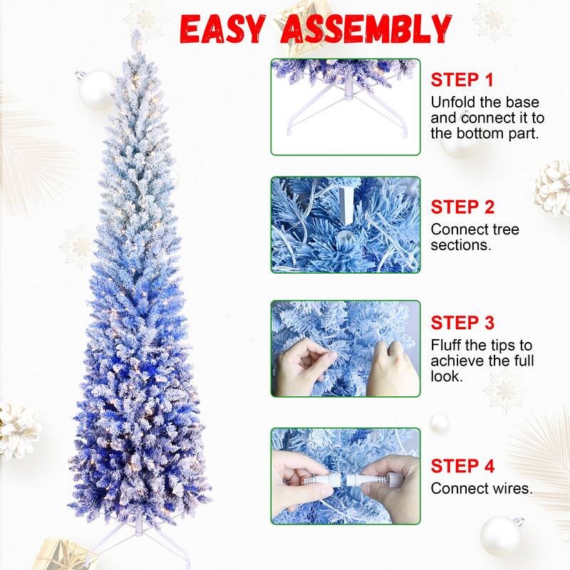 7FT Blue Gradient Flocked Pencil Christmas Tree with 300 Warm White LED Lights,725 Tips,Hinged Branches,Slim Design, Metal Stand