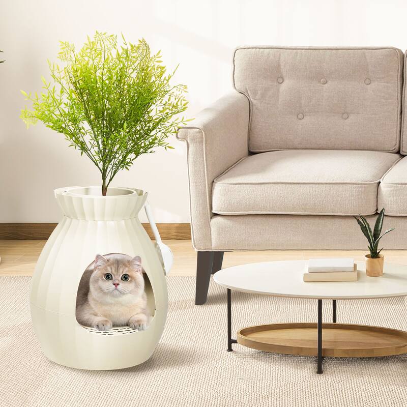 EROMMY Hidden Cat Litter Box Enclosure with Artificial Plants and Plasma Sterilization, Decorative Cat Furniture for Home