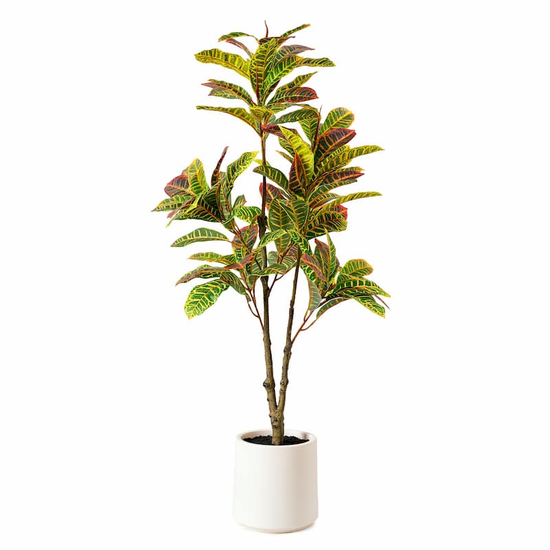 American Art Decor Artificial Faux Tree in White Tapered Ceramic Pot - 48" - Croton Tree (Matte White Pot)