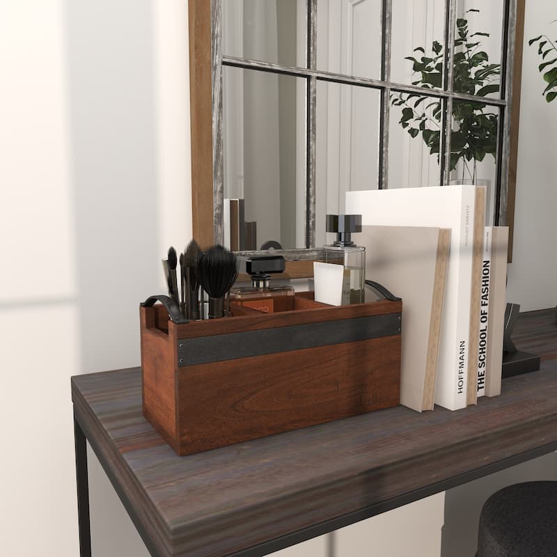 Modern Mango Wood 3 Section Tray with Black Metal Handles - Brown or Beige