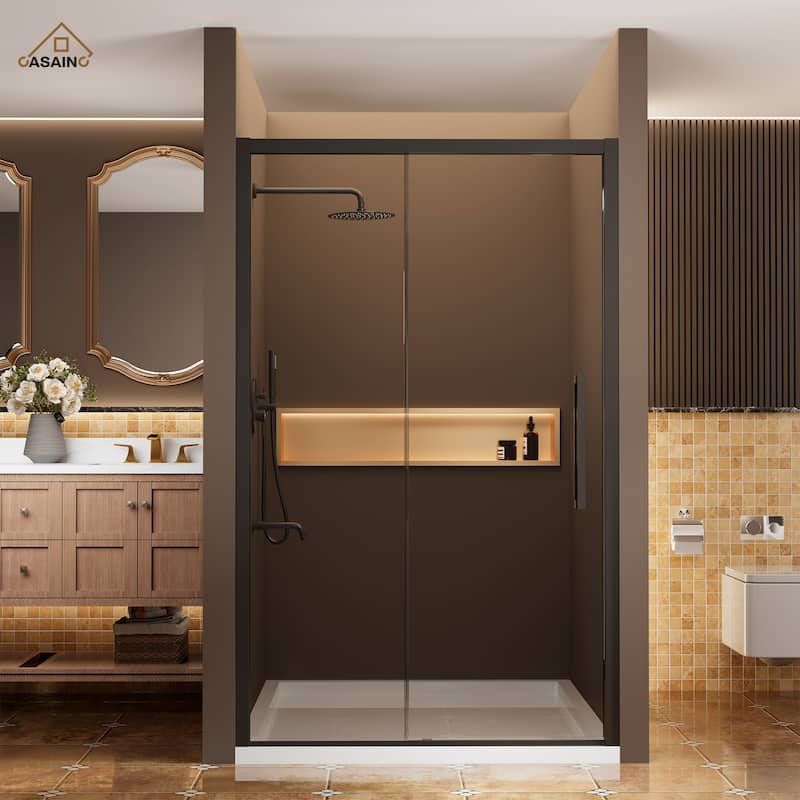 CASAINC 48 in. W x 76 in. H Sliding Framed Shower Door with SGCC Certification - Black