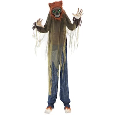 Haunted Hill Farm 5.2-ft. Standing Wolf, Indoor/Covered Outdoor Halloween Decoration, LED Green Eyes, Poseable, Howler