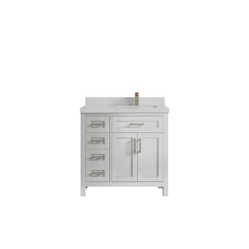Willow Collections 36 in. W x 22 in. D Cambridge Right Offset Sink Bathroom Vanity with Countertop - 2" Carrara Quartz - Coventry Gray
