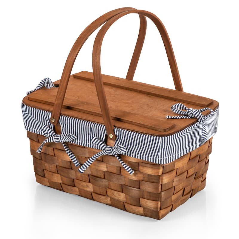 Picnic Time Kansas Handwoven Wood Picnic Basket, (Navy Blue & White Stripe)