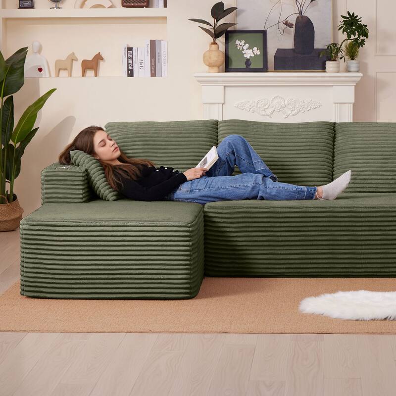 102.76" Corduroy Cloudy L Shaped Sofa with Chaise and Pillows