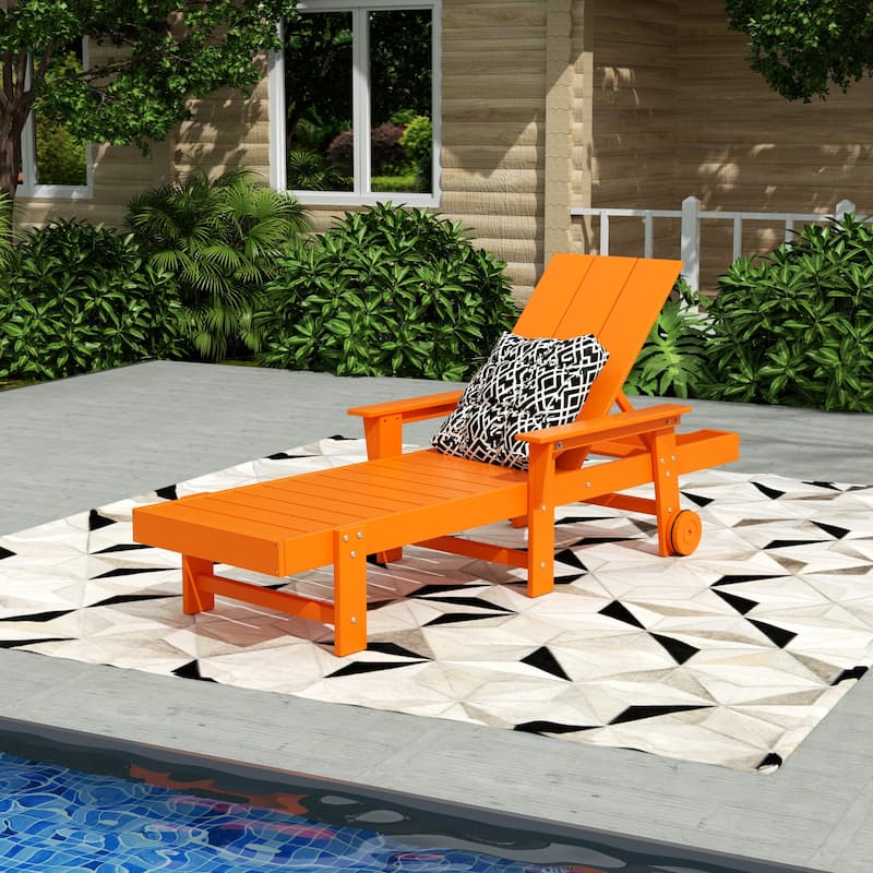 Polytrends Shoreside Modern Poly Reclining Eco-Friendly All Weather Chaise Lounge With Arms & Wheels - Orange