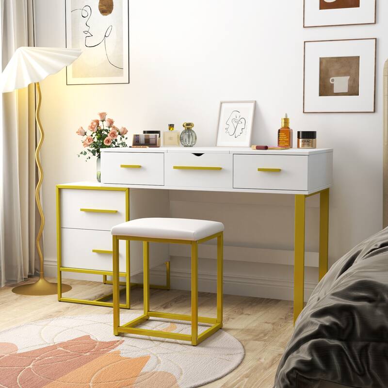 GDF Studio - Mariana Modern 29.53" Tall Makeup Vanity Set with Mirror, 4 Drawers, and Nightstand - White