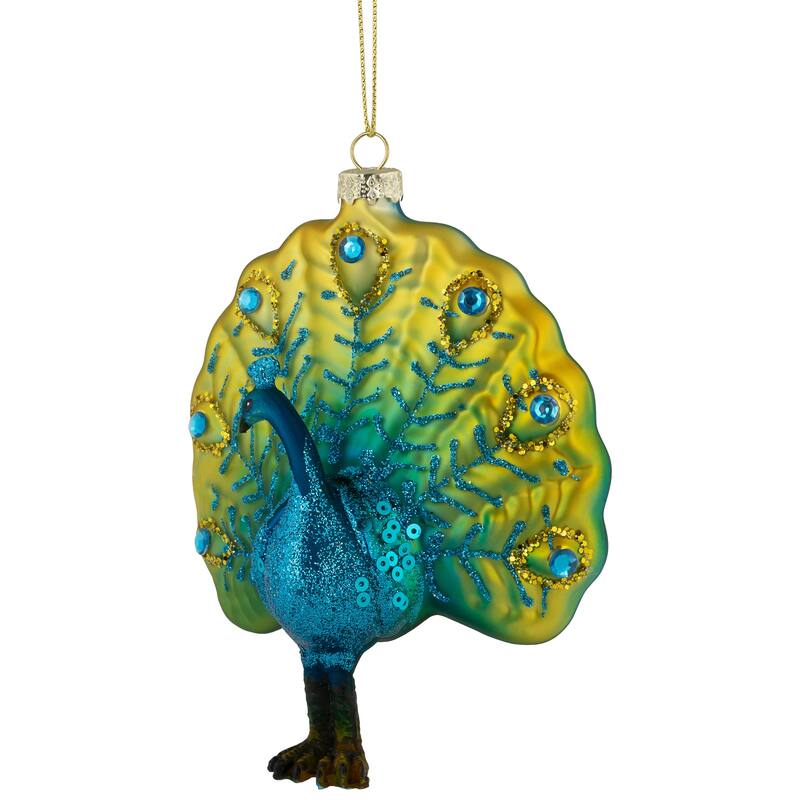 Standing Glittered Peacock Glass Christmas Ornament - 4.75" - Yellow and Blue