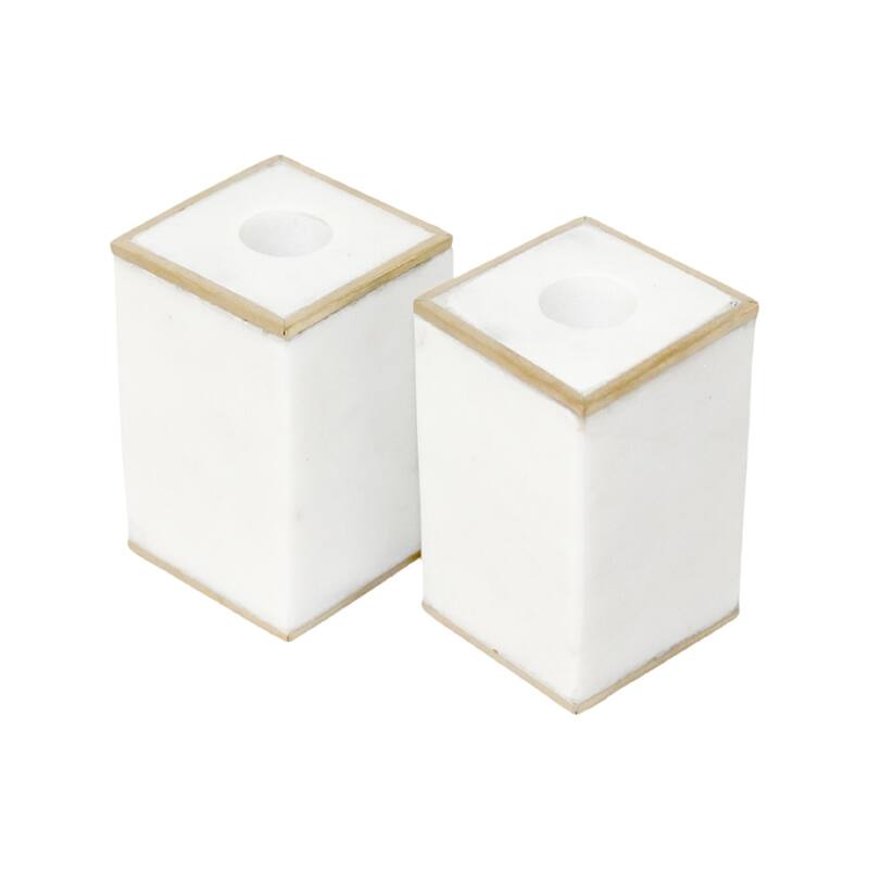 Set of 2 White Marble Taper Candle Holders w/ Brass Edges - White/Gold