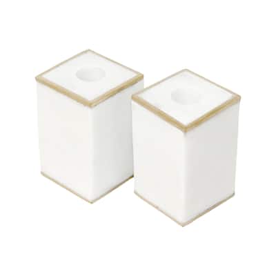 Set of 2 White Marble Taper Candle Holders w/ Brass Edges - White/Gold