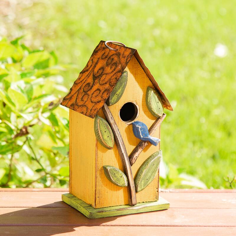 Glitzhome 10"H Multicolor Cute Distressed Solid Wood Birdhouse with 3D Flowers