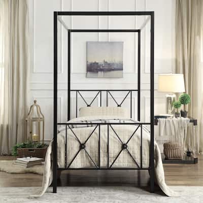 Twin/Queen Size Metal Canopy Platform Bed Frame with Double X-Framing, Black Finish, and Medallion Accents.