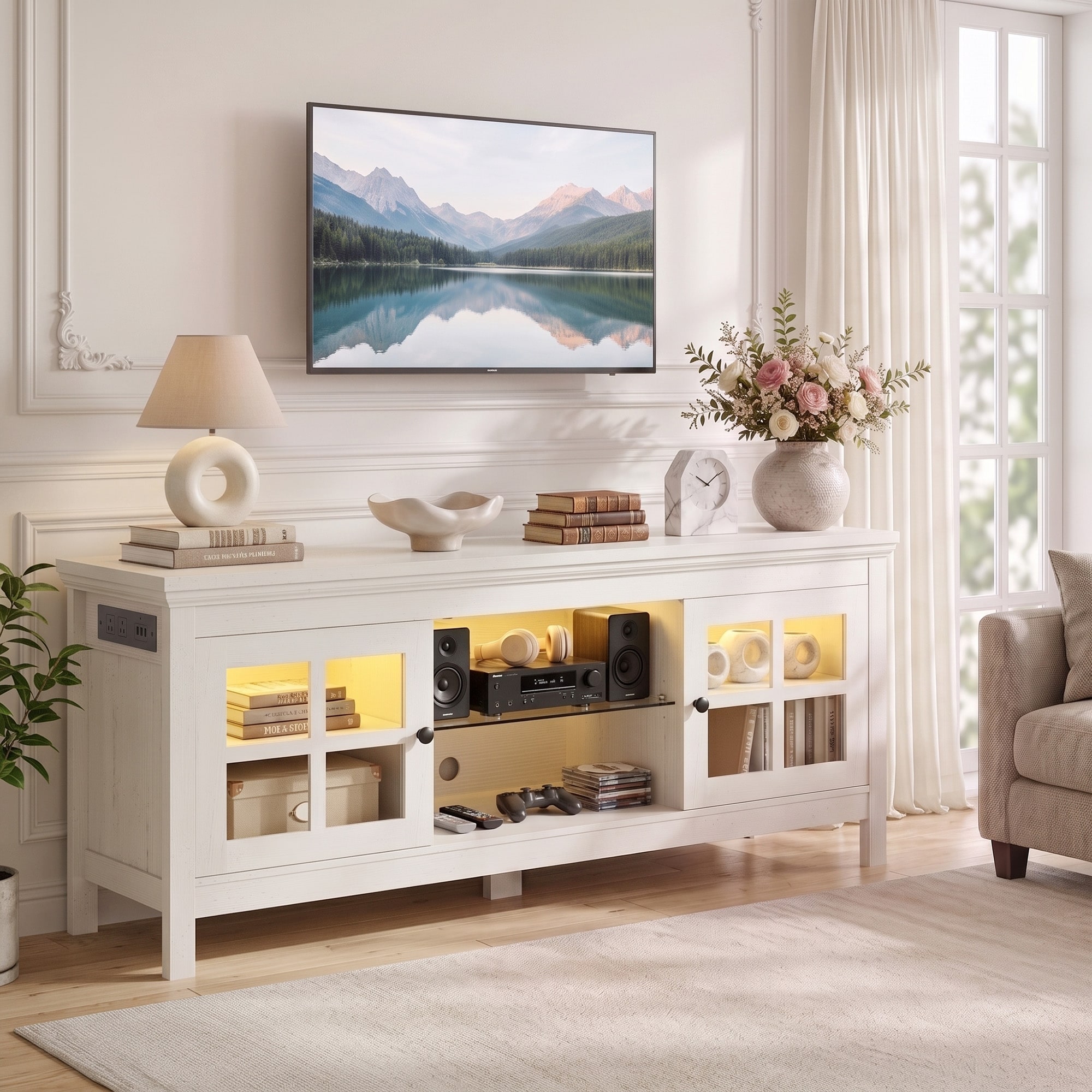 Koia Farmhouse TV Stand with Charging Station & Glass Doors, Media Cabinet Fits TVs Up to 60 Inches