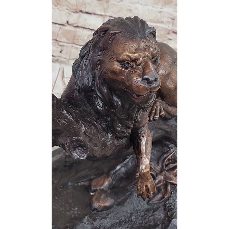 Lion Resting On A Branch - Bronze Sculpture Statue Wildlife Decor By J. Moigniez