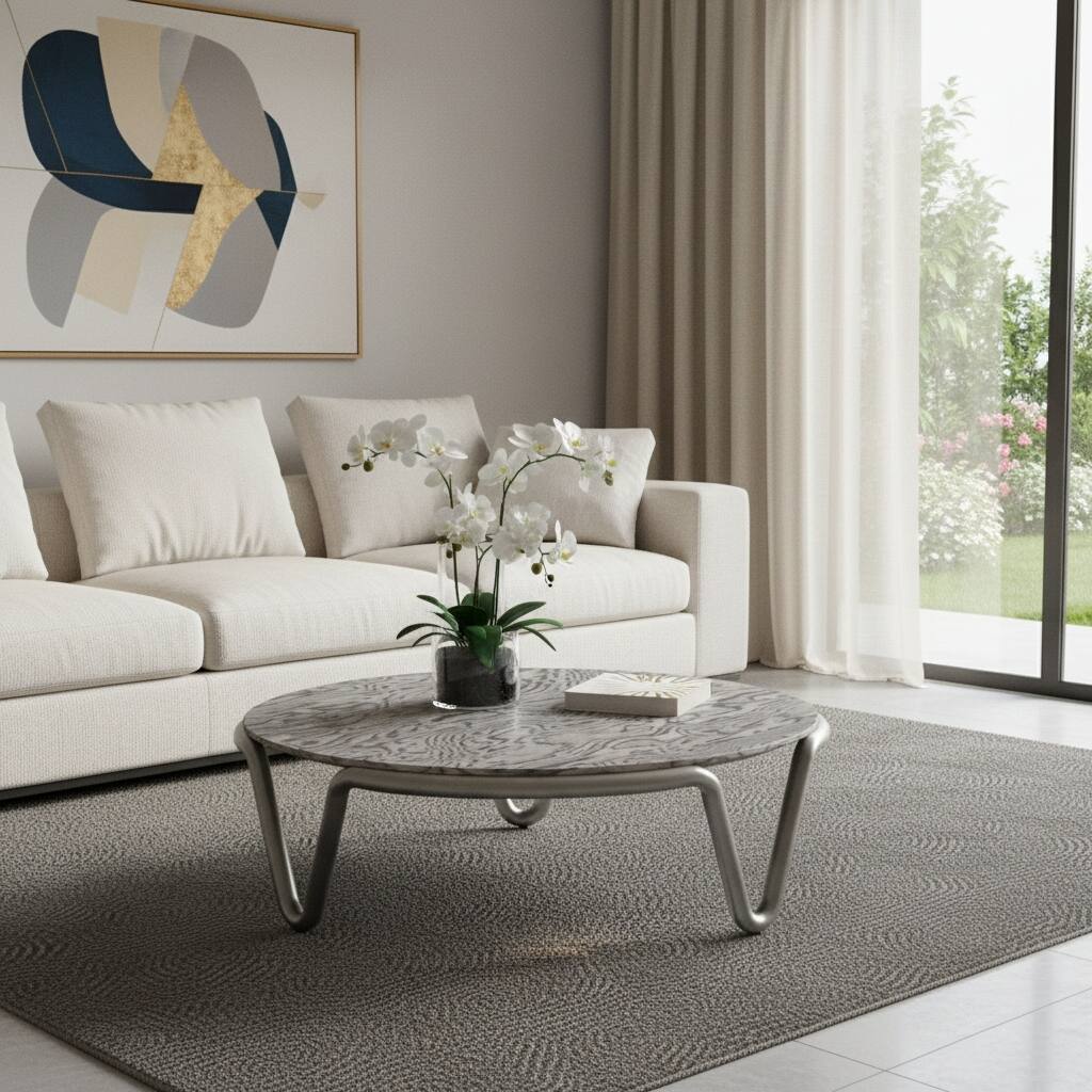 HomeRoots 43" Gray and Silver Wood and Stainless Steel Round Coffee Table - 43.00 in. x 13.00 in. x 43.00 in.