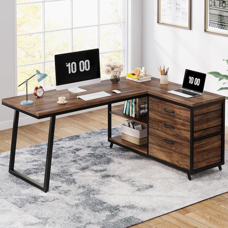 63"Computer Desk with 8 Drawers and Reversible File Cabinet, Office Desk with Storage, Large Workstation for Home Office
