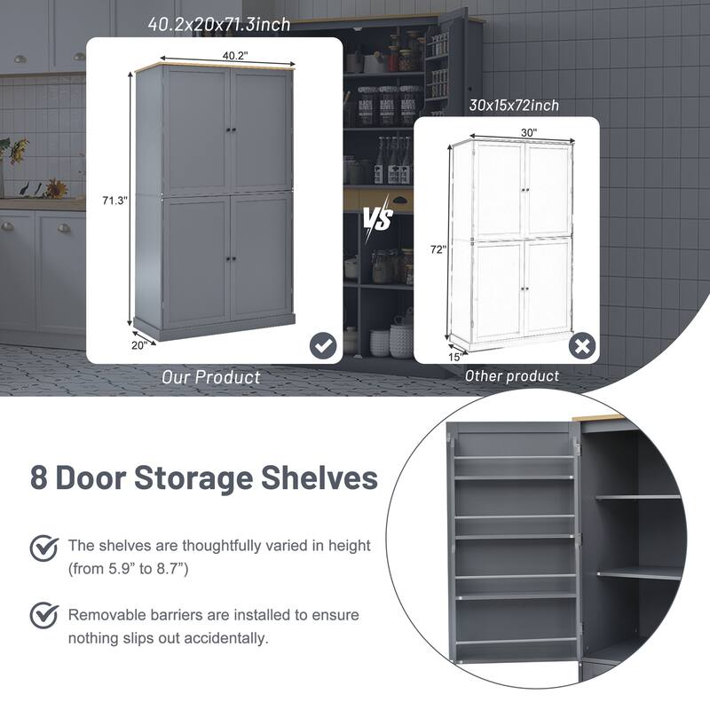 Kitchen Pantry with 2 Drawers, 2 Adjustable Shelves and 8 Door Shelves