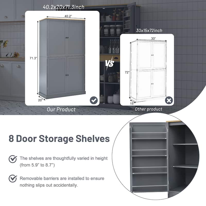 Large Kitchen Pantry Cabinet with 2 Drawers, Adjustable Shelves, and Door Storage
