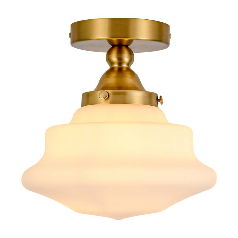 9.5" W Farmhouse Gold/Black Metal Semi-Flush Mount Ceiling Light with Frosted White Glass for Bedroom, Living Room