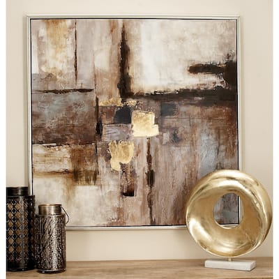 Brown Canvas Abstract Living Room Framed Wall Art with Silver Frame